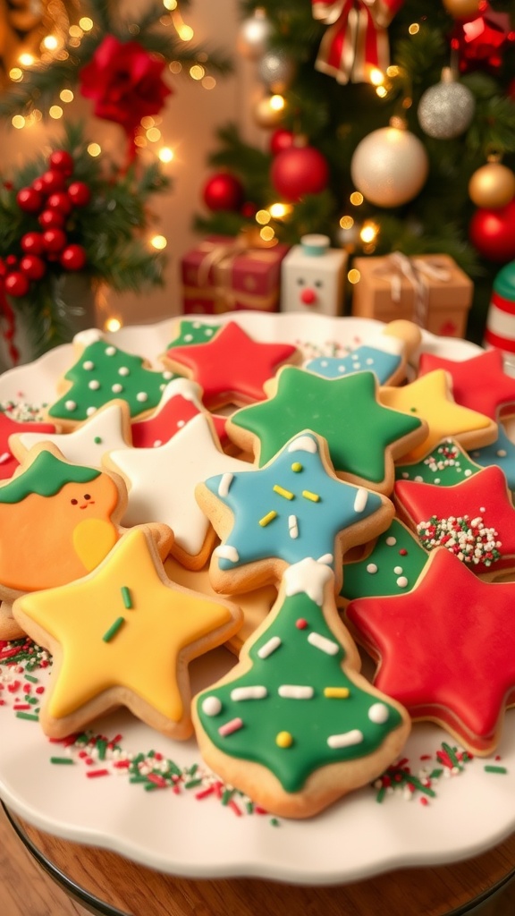 A vibrant assortment of no-bake Christmas cookies on a holiday-themed platter, decorated with sprinkles and set in a festive environment.
